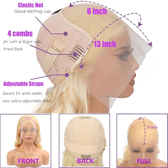 Human Hair 24 Inch 613 Blonde Wig, 180% Density, 13x6 Body Wave, Lace Front, Glueless, Pre Plucked with Baby Hair