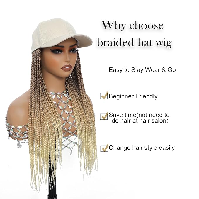 Hat Wig for Women Baseball Cap with blonde Braided Hair Attached 18inch long Synthetic Box Braid Wig Hat Adjustable Cap with ombre brown blonde light blonde Braids for Daily Outdoor Use