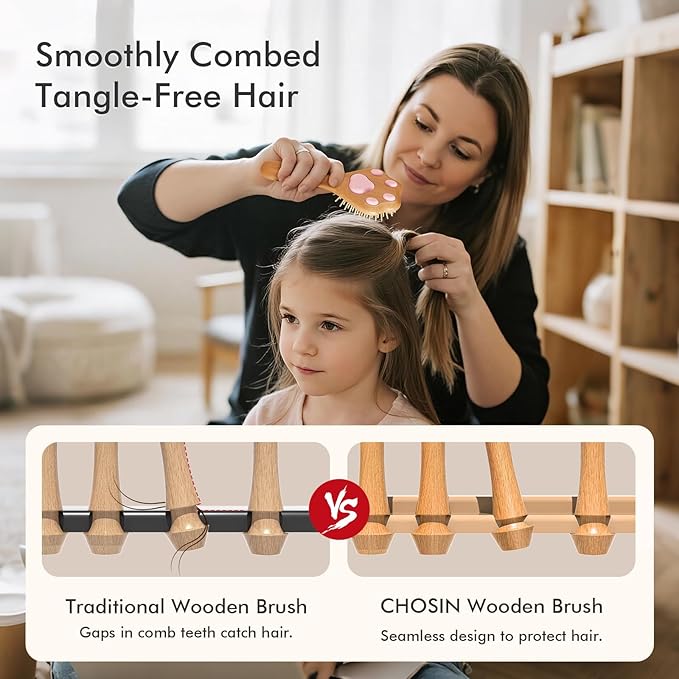Wooden Brush for Hair Growth: Natural Bristle Brush for Detangling, Reduces Breakage, Massaging Scalp - Curly Hair Brush Pink for Home, Travel & Gift