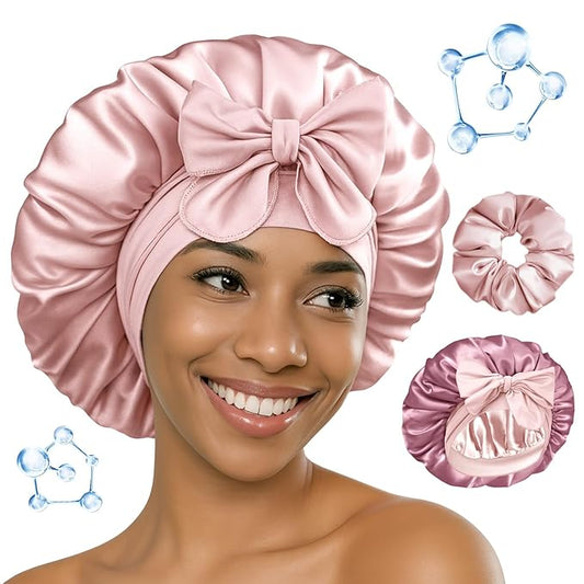 BONNET QUEEN Silk Bonnet for Sleeping Women HYALURONIC Acid Reversible Double Layer Satin Bonnet Night Sleep Cap Wrap for Curly Hair with Adjustable Tie Band & Scrunchie, Cream Pink & Rose Gold