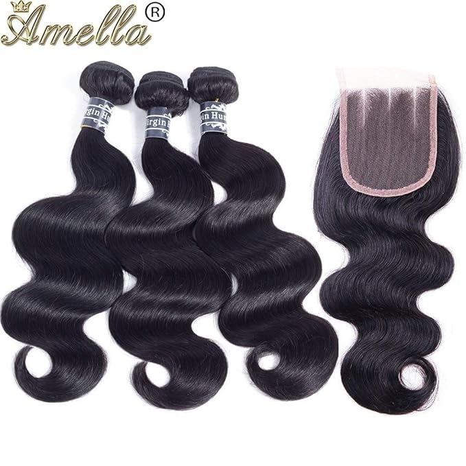 Amella Hair 100% Unprocessed Brazilian Body Wave Bundles with Closure (18 20 22 +18,Three Part) 8A Virgin Brazilian Hair Body Wave with Lace Closure Natural Black Color