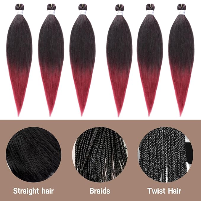Pre-stretched Braiding Hair Extension Ombre Black to Burgundy Professional Crochet Braiding Hair 6 Packs 24 Inch Hot Water Setting Synthetic Fiber Crochet Twist Braids(24Inch,1B/900#)