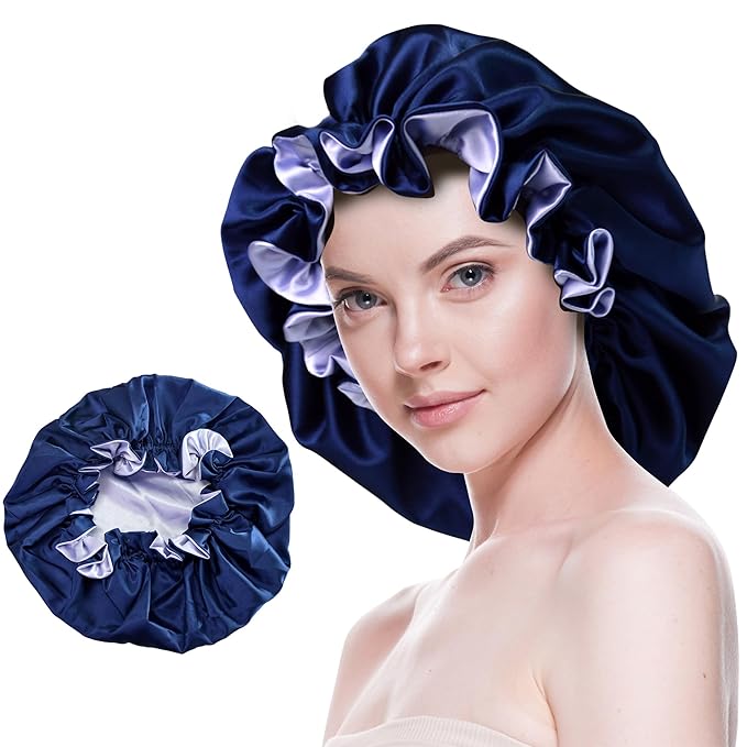 Silk Bonnet for Sleeping Satin Bonnets Double Layer Reversible Hair Cap Bonnet for Women Long Curly Braid Hair (Navy)