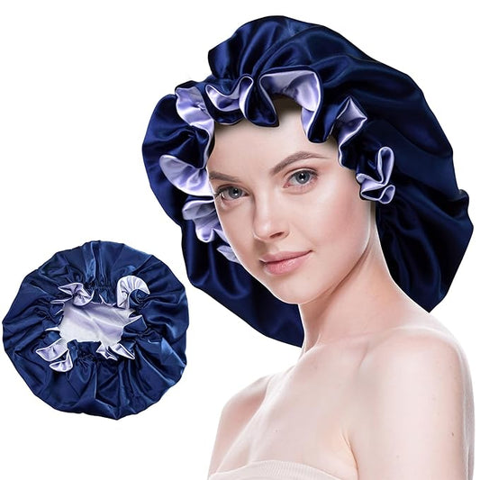Silk Bonnet for Sleeping Satin Bonnets Double Layer Reversible Hair Cap Bonnet for Women Long Curly Braid Hair (Navy)