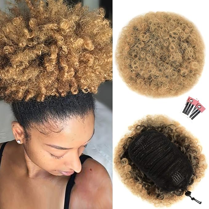 rosmile Afro Puff Drawstring Ponytail Extension for Black Women, Premium Ombre Brown T1B/27# 80gram Short Synthetic Afro Puff Ponytail for Natural Hair, Clip On Kinky Drawstring Curly Ponytail Bun