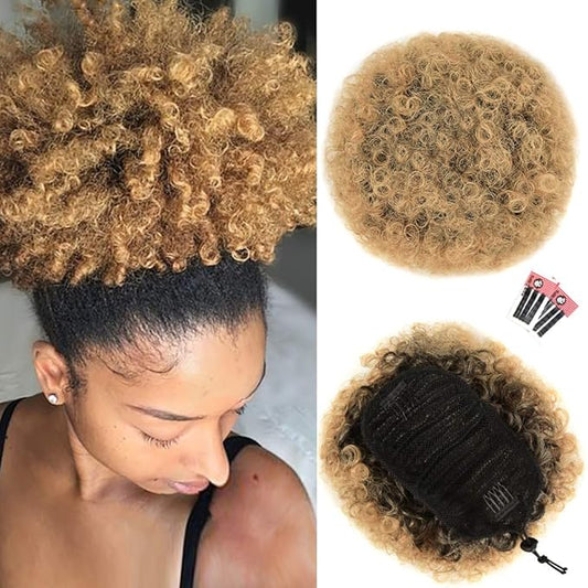 rosmile Afro Puff Drawstring Ponytail Extension for Black Women, Premium Ombre Brown T1B/27# 80gram Short Synthetic Afro Puff Ponytail for Natural Hair, Clip On Kinky Drawstring Curly Ponytail Bun