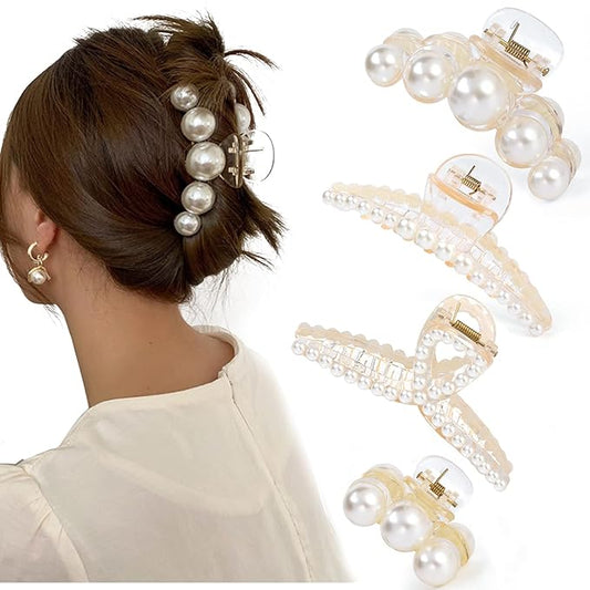 Mehayi 4 PCS Large Pearl Hair Claw Clips for Women Girls, Hair Barrette Clamps for Thick Thin Hair, Fashion Hair Accessories Headwear Styling Tools for Party Wedding