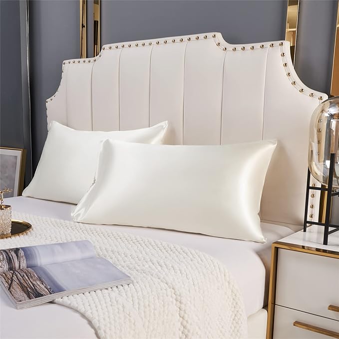 Satin Pillowcase for Hair and Skin, Ivory Silk Pillowcase Queen Size Set of 2 Pack Cooling Satin Pillow Cases with Envelope Closure, Vegan Silk Satin Pillowcase Set with 2 Scrunchies