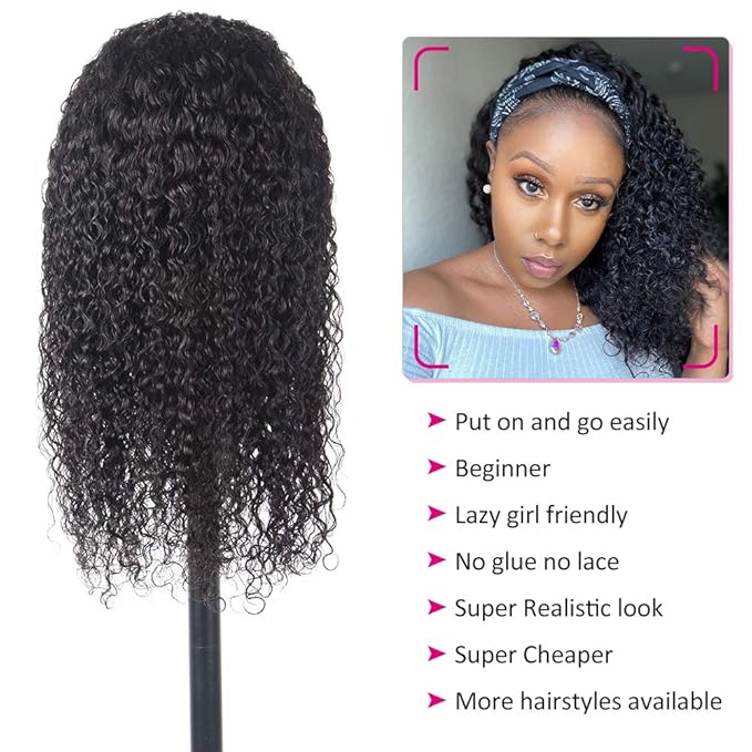 Eooma Glueless Wigs Human Hair Headband Wig Human Hair Half Wig for Black Women (18 inch) Briazilian Curly Scarf Wig No Gel Remy Hair None Lace Front Machine Made Wigs Human Hair