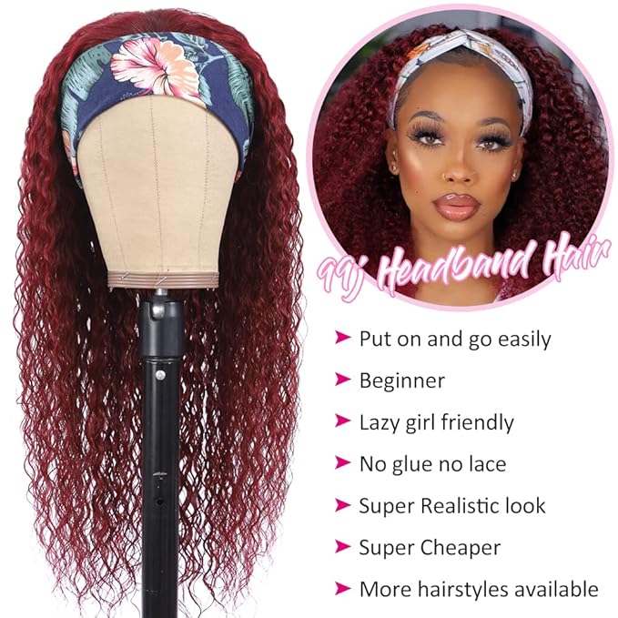 Eooma 99J Burgundy Headband Wig Human Hair for Black Women 10A 180% Density Brazilian Kinky Curly Human Hair Headband Wigs Scarf No Gel Gluelees 18 Inch Remy Hair