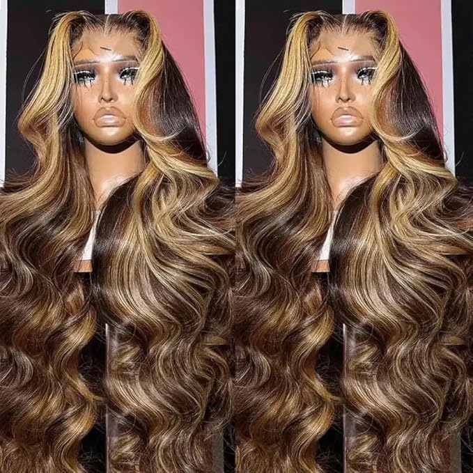 MEGOOD 13x6 Honey Blonde Wig Human Hair 4/27 Colored Wigs HD Transparent 13x6 Body Wave Lace Front Wigs Pre Plucked For Women 200 Density Highlight Ombre Lace Front Wig Human Hair Glueless Wigs