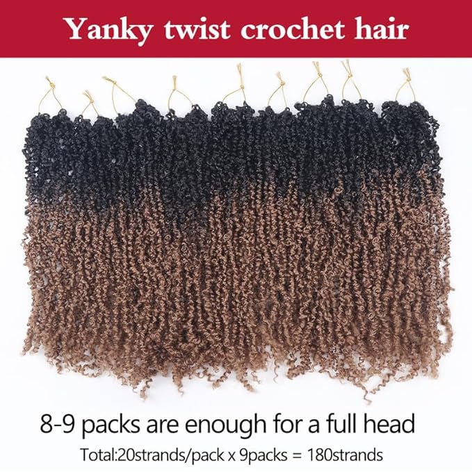 Yanky Twist Crochet Hair, PILLUGER Yaki Twists Hair Micro Spring Twist Braids,9 Packs Pre-looped passion Twist Brown Senegalese With Curls Crochet Synthetic Hair Extensions（16-OT30）