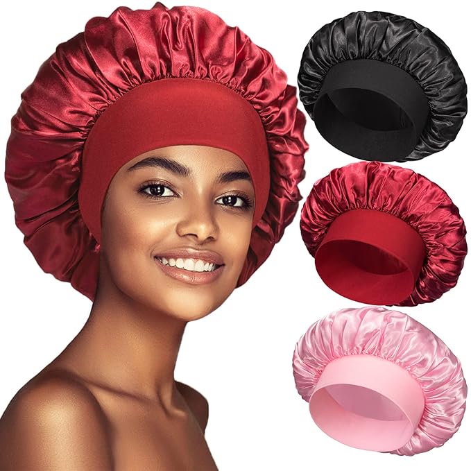3 Pack Satin Bonnet Silk Hair Bonnet for Sleeping, Sleep Bonnets for Women Large Wide Soft Band Sleep Cap for Curly Hair Braids