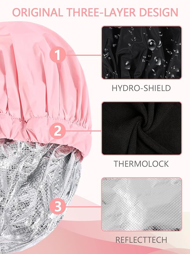 Years calm Heat Cap For Deep Conditioning Shower Cap，Reusable Three-Layer Structure Waterproof Hair Cap – Applicable Tofor Bathing, Hair Care, And Other Uses (Pink, One Size)