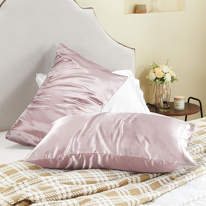 BEDELITE Satin Pillowcase for Hair and Skin, Super Soft and Cooling Similar to Silk Pillow Cases 2 Pack with Envelope Closure, Gift for Women Men(20"x26" Standard Size, Lotus Pink)