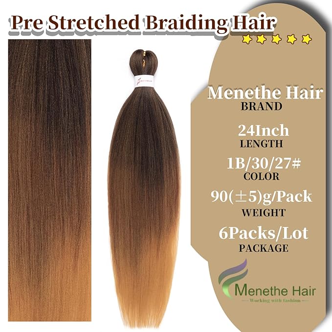 Ombre Braiding Hair 24 Inch Pre Stretched Braiding Hair Professional Hair Extensions 6 Packs 100% Kanekalon Synthetic Crochet Hair Braids Yaki Texture Hair Braiding(24Inch,T1B/30/27#).