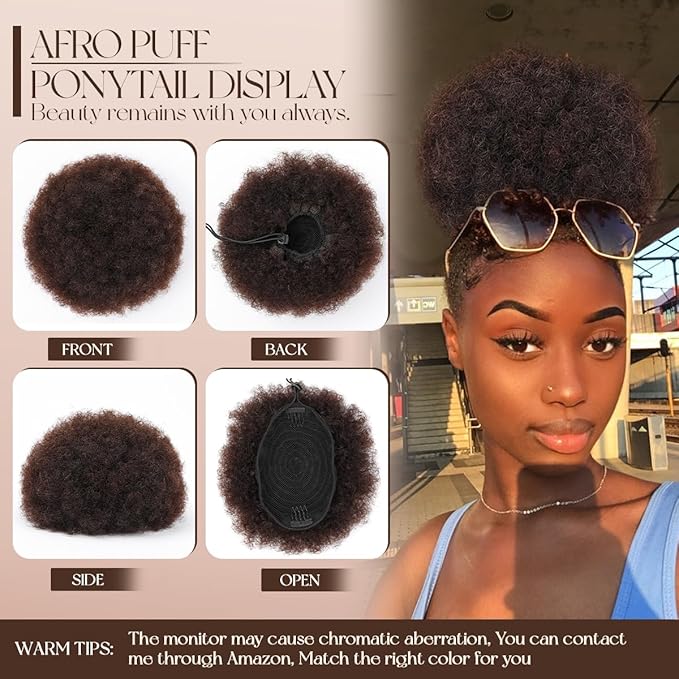 Afro Puff Drawstring Ponytail #02 Dark Brown 8 Inch 100% Human Hair Kinky Curly Durable Natural Soft and Smooth Clip On Drawstring Ponytail
