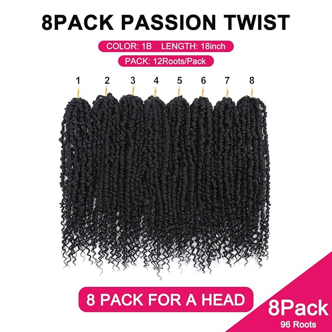 Passion Twist Hair - 8 Packs 18 Inch Passion Twist Crochet Hair For Women, Crochet Pretwisted Curly Hair Passion Twists Synthetic Braiding Hair Extensions (18 Inch 8 Packs, 1B)
