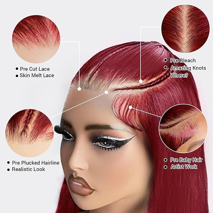 200% Density Burgundy Wig Human Hair 13X4 99j Burgundy Lace Front Wigs Human Hair 13X4 HD Transparent Straight Glueless Wigs Human Hair Pre Plucked Pre Cut Braided Wigs Human Hair For Black Women