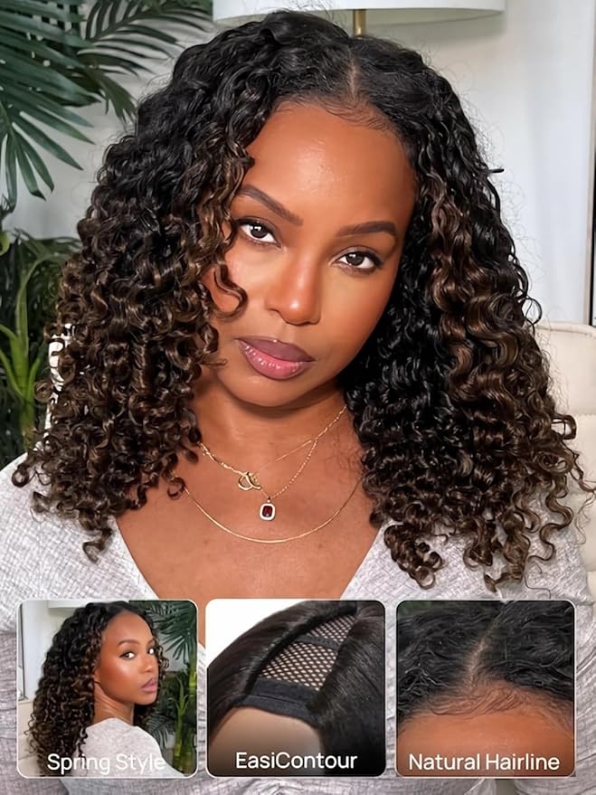 Julia Hair EasiContour V Part Curly Wigs Human Hair 12A Ombre Black to Chestnut Brown Glueless Wigs Clip in Vpart Wig No Leave Out Upgrade U Part Wig Beginner Friendly Ready to Go 20 Inch