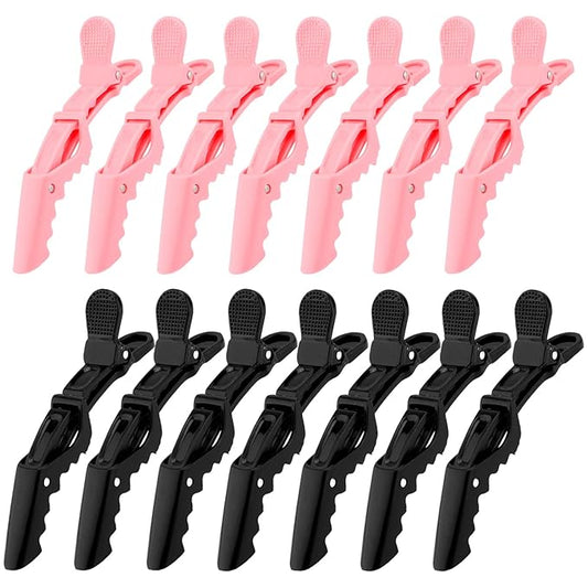Ondder 14 Pack Alligator Hair Clips - Salon Pro Sectioning and Cutting Clips for Hairstyling, Hair Coloring, Barbers - Large Gator Clips for Women, Men, and Teens - Black, Pink
