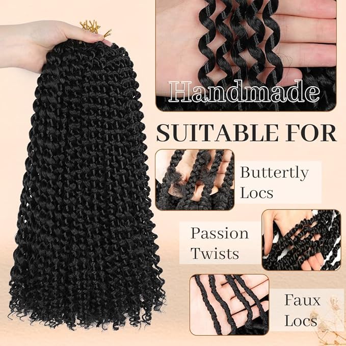 ShowCoco 8 Packs Passion Twist Hair Water Wave Crochet Hair for Passion Twist Crochet Braiding Hair Long Bohemian Hair Braiding Passion Twist Braids Synthetic Hair Extensions(18 Inch, #1B)
