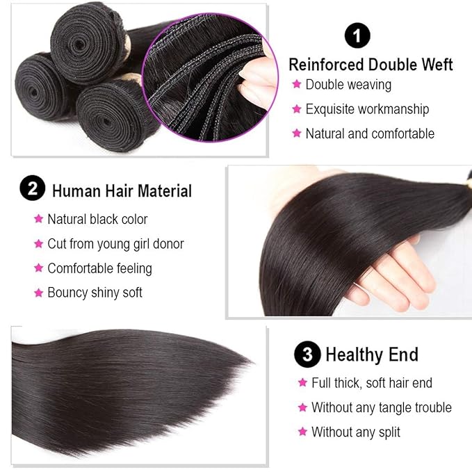 3 Bundles with Lace Frontal Straight Virgin Hair Weave 13x4 Ear to Ear Frontal Lace Closure with Baby Hair 9A Unprocessed Human Hair Extension (26 26 26+20Frontal)