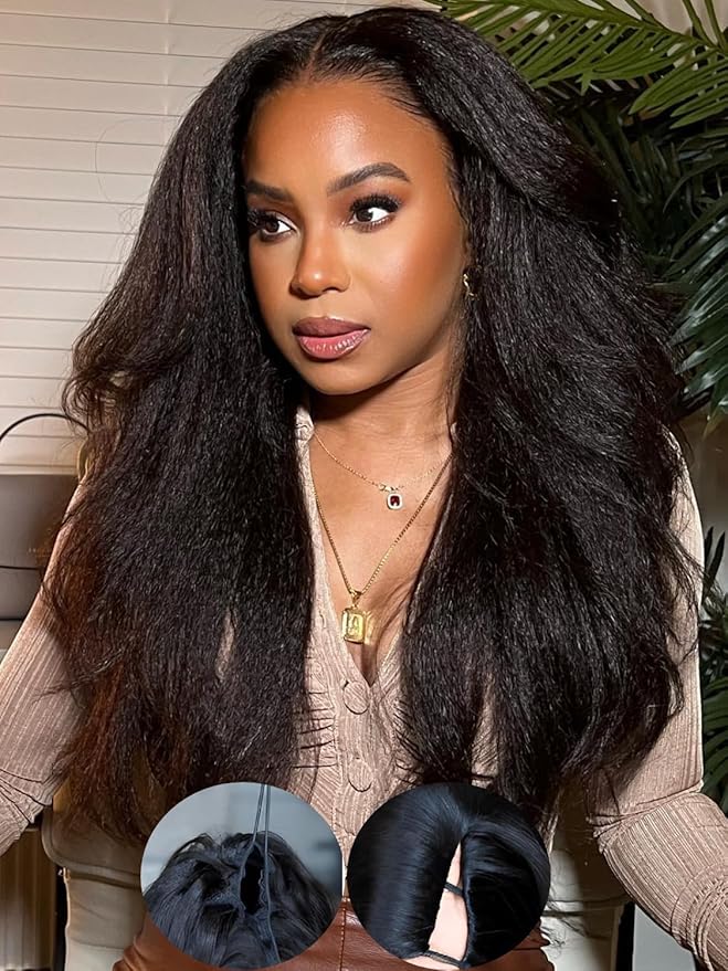 Julia Hair EasiContour V Part Kinky Straight Wigs Human Hair Glueless Yaki Straight Vpart Wig Clip in Half Wigs No Leave Out Real Scalp Upgrade U Part Kinky Wig Beginner Friendly Natural Black 26 Inch