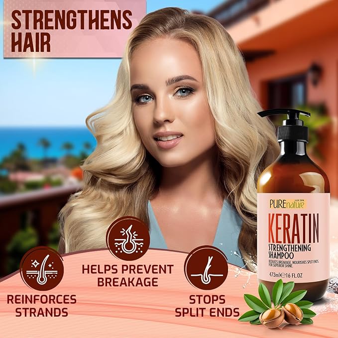 PURE NATURE LUX SPA Keratin Shampoo - Sulfate Free, Strengthening Formula - Repair Damaged and Dry Hair - Products for Women and Men - For Thinning Hair - 16 Fl Oz