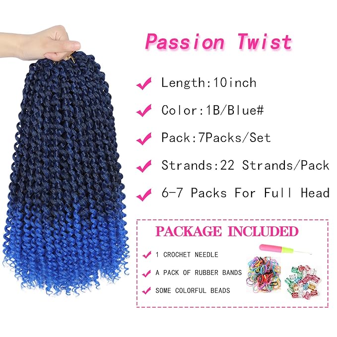 Ubeleco Short Passion Twist Hair,10 Inch Water Wave Crochet Hair Passion Twist Crochet Hair 22 Strands/Pack Ombre Blue Bohemian Synthetic Curly Braiding Hair Extensions (10 Inch (Pack of 7),1B/Blue)