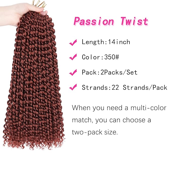 Ubeleco Copper Red Passion Twist Hair, 350# Water Wave Crochet Hair 14 Inch Passion Twist Crochet Hair 22 Strands/Pack Bohemian Synthetic Curly Braiding Hair Extensions (14 Inch (Pack of 2), 350#)