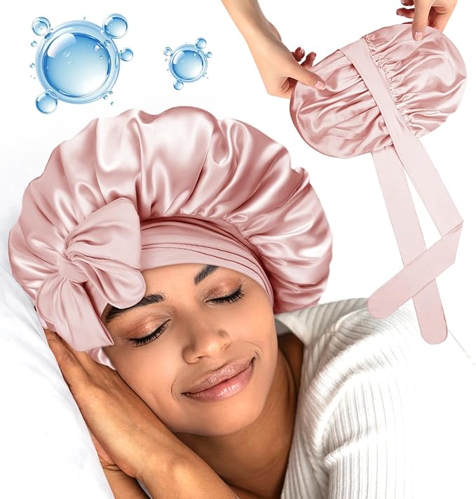 Silk Bonnet for Sleeping Women Double Layer Hyaluronic Acid Satin Bonnet with Adjustable Tie Band Sleep Cap for Curly Hair