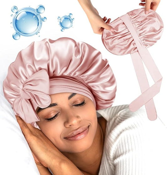 Silk Bonnet for Sleeping Women Double Layer Hyaluronic Acid Satin Bonnet with Adjustable Tie Band Sleep Cap for Curly Hair