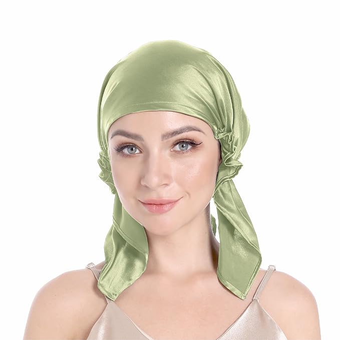 SissiLita 100% Silk Bonnet for Sleeping, Large Silk Sleep Cap with Tie Band for Curly Hair Care (Sage Green)