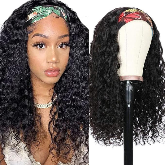 22 Inch Headband Wig Human Hair Water Wave Curly Human Hair Headband Wigs For Black Women Glueless None Lace Front Machine Made Wig 180% Density