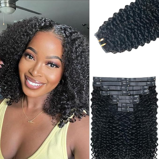 Seamless 3C 4A Kinky Curly Clip In Extension PU Weft Curly Clip in Extension Human Hair Clip Ins Full Head for Black Women Brazilian Remy Human Hair Natural Color 8Pcs with18clips 120g/Set (14 inch)