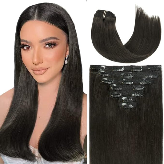 Caliee 14 Inch Clip in Hair Extensions Human Hair Color 1B Natural Black Double Weft Real Hair Extensions Clip in Thick Straight Soft Invisible 120 G 7 PCS