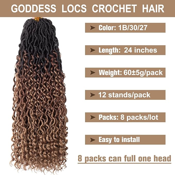 COOKOO 24 Inch Boho Happie River Crochet Hair - 8 PCS Goddess Locs with Curly Ends - Synthetic Soft Crochet Locs Hair Extension 1B/30/27#
