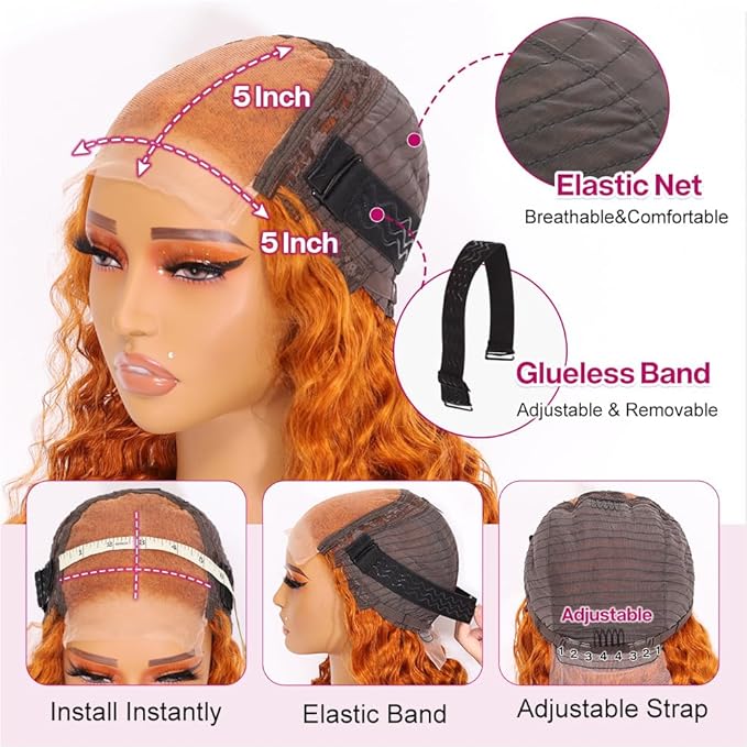 Curly Bob Wig Human Hair Deep Wave 200% Density 5x5 HD Lace Closure Wigs Human Hair Bob Wigs For Black Women Wear And Go Glueless Curly Wig Ginger Color 12 Inch