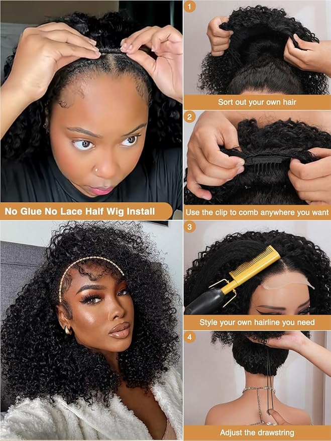 Kinky Curly Half Wig Human Hair 200% Density Wear Go Glueless Wigs Human Hair 3 In 1 Drawstring Seamless Flip Over Wig for Women Daily Wear Headband Wig Beginner Friendly Black (18inch)