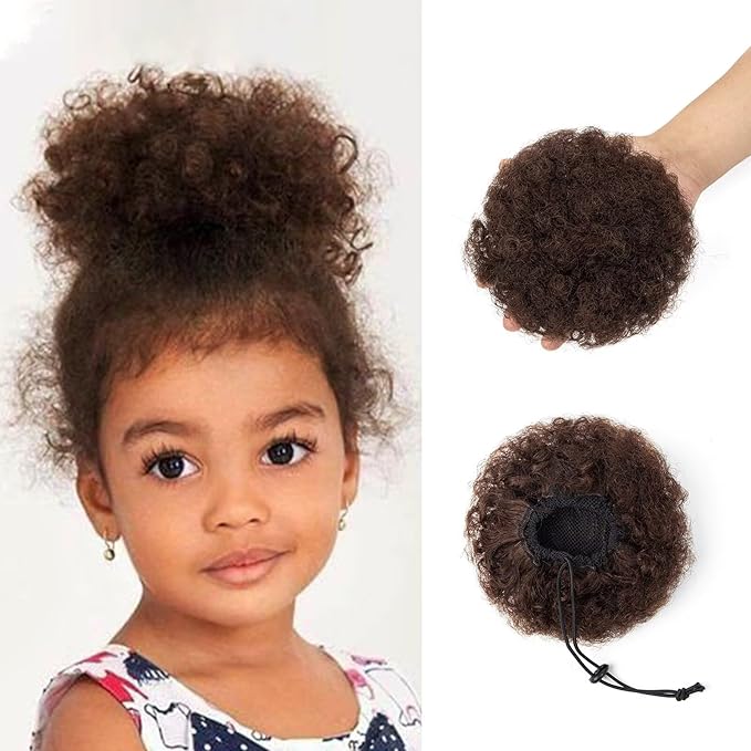 Afro Puff Ponytail for Black Women 100% Human Hair Ponytail Extension Short Updo Hair Buns Small Size Curly Ponytail for Little Girls 2 Clips 4 Inch Dark Brown Color