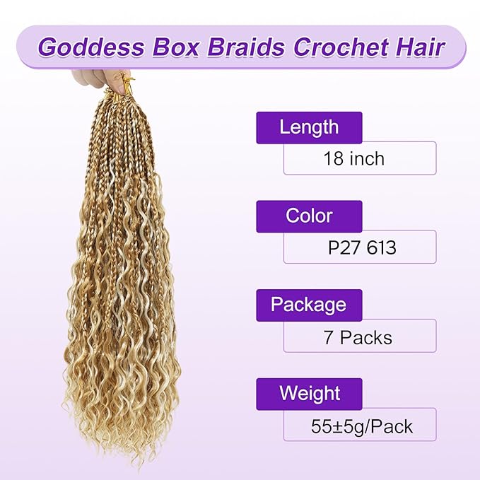 Eacia Goddess Box Braids Crochet Hair 18 Inch 7 Packs Honey Blonde Boho Box Braids Crochet Hair Extensions with Curly Ends for Women(18 Inch, P27/613#)