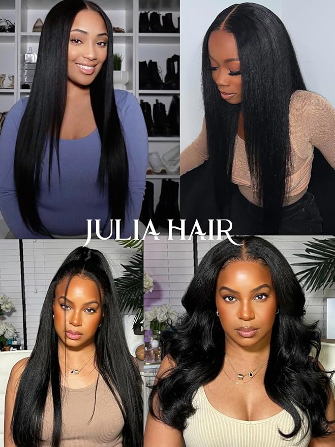 Julia Hair V Part Wig Human Hair Yaki Straight Glueless Wigs for Women 12A Briazilian Remy Hair Upgrade U Part Wig No Glue No Leave Out Beginner Friendly Natural Color 26 Inch Yaki Wig