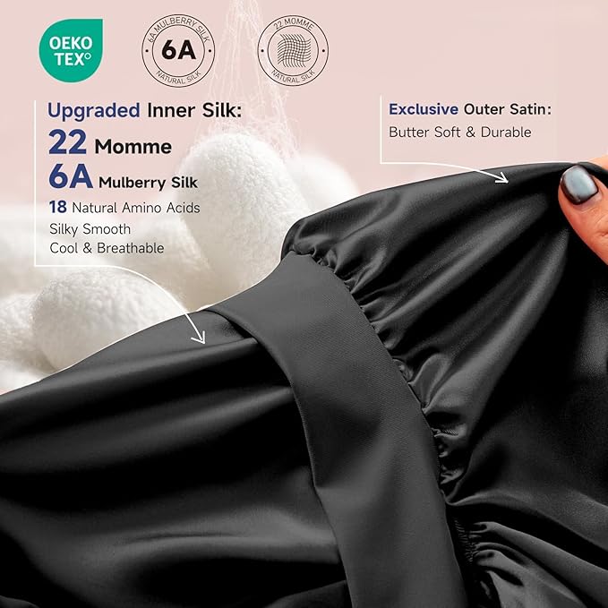 Umisleep Silk Bonnet for Sleeping Women, 22 Momme Mulberry Real Silk, Long Hair Bonnet for Braids & Curls to Reduce Frizz, Double Layer Hair Wrap with Soft Adjustable Tie Band, Black
