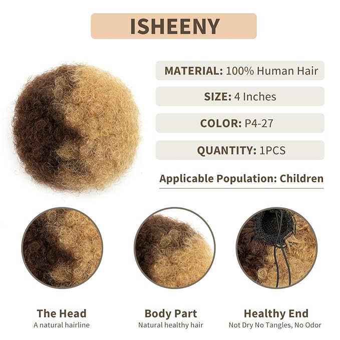 isheeny Small Human Hair Bun For Black Women, 100% Human Hair Bun Small Drawstring Ponytail For Little Girls, Curly Fake Hair Bun Natural, Soft, And Durable For Repeated Use (P4-27, Small 1pcs)