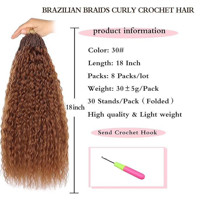 Xtrend 18 Inch Pre Looped Micro Curly Crochet Hair 8 Packs Honey Brown Brazilian Braid Curly Crochet Hair Extensions Water Wave Synthetic Deep Wave Crochet Hair For Black Women(30 Strands/Pack，30#)