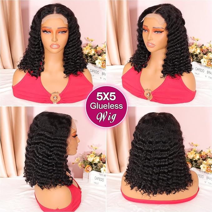 Curly Bob Wig Human Hair Deep Wave Glueless Wigs Human Hair Pre Plucked Pre Cut 5x5 Wear And Go Glueless HD Lace Closure Wigs Human Hair For Black Women 200% Density Black Color 14 Inch