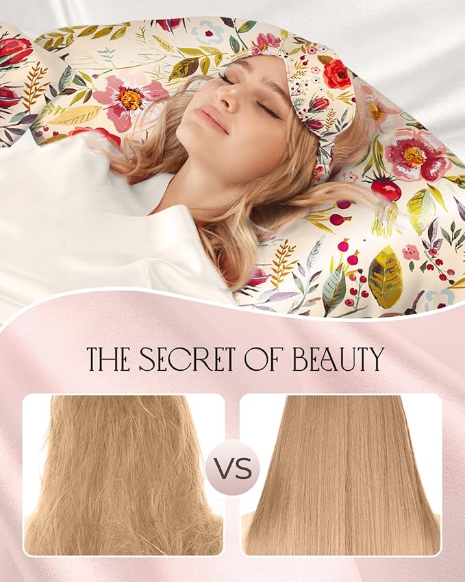 Mulberry Silk Pillow Case for Hair and Skin 19 Momme Standard 26"x20" Retro Flower Silk Pillowcase with Eye Mask & Scrunchie Soft Silk Pillowcase Sleeping for Moms, Women