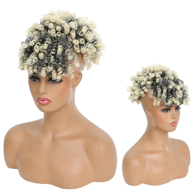 ENTRANCED STYLES Drawstring Ponytail with Bangs - Afro Puff Extensions for Women, Short Curly Clip in Wrap Updo Hairpiece (T1B/613#)