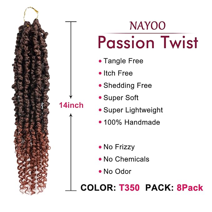 Passion Twist Hair - 8 Packs 14 Inch Passion Twist Crochet Hair For Black Women, Crochet Pretwisted Curly Hair Passion Twists Synthetic Braiding Hair Extensions(14 Inch 8 Packs, T350)